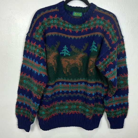 Byford Knitted By Hand Vintage Wool Moose Pattern Pullover Sweater Size L - Picture 1 of 8